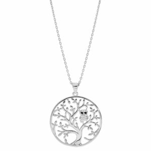 collier argent rhodié arbre de vie avec hibou