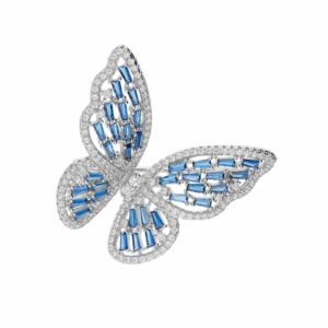 broche argent rhodié papillon bleu blanc